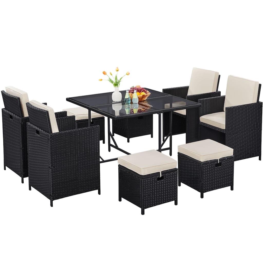 Yaheetech 9-Piece Patio Dining Set with Glass Table & Ottomans for Lawn, Backyard, Black/Beige