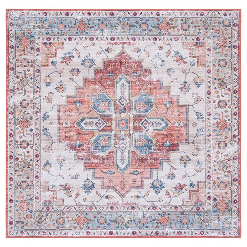 SAFAVIEH Tucson Machine Washable Slip Resistant Malvina Oriental Medallion - 5' x 5' Square - Beige/Blue - Square
