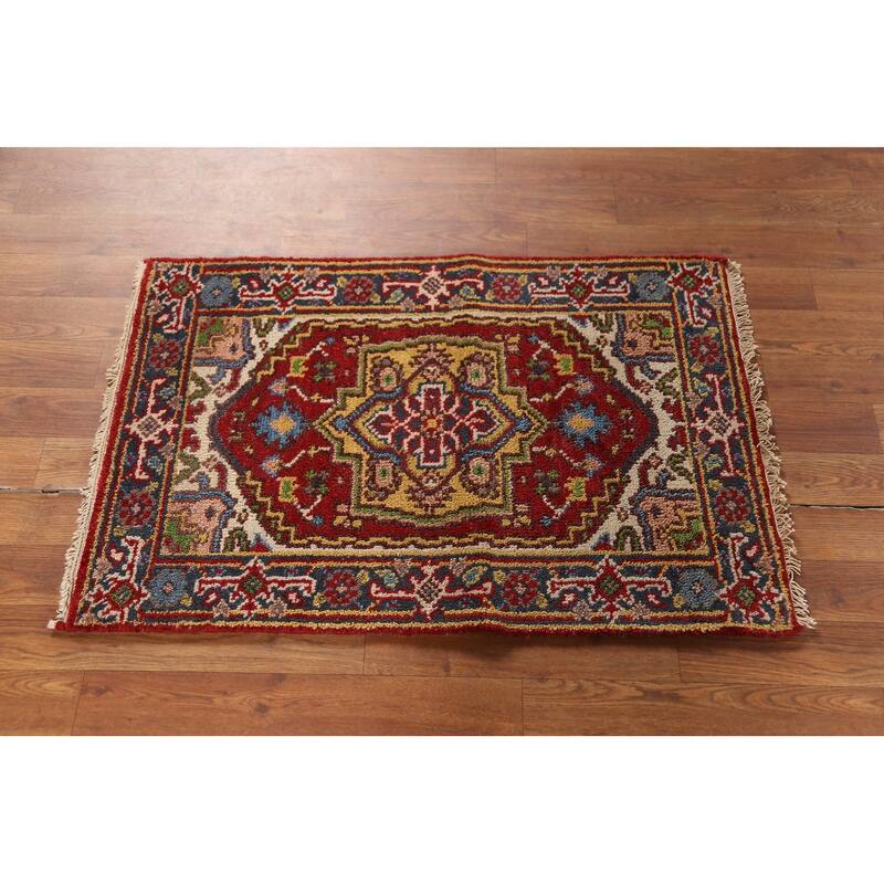 Red Geometric Heriz-Serapi Indian Accent Rug Hand-Knotted Wool Carpet - 2'0"x 3'0"