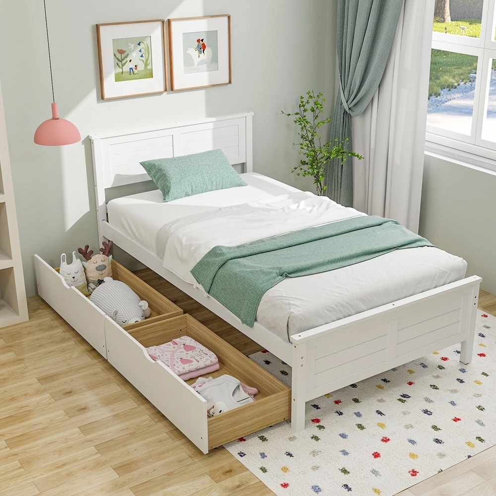 Twin Size Wooden Bed Frame 2 Storage Drawers & Under-bed Storage White