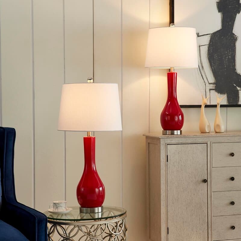 28.5" Ceramic Table Lamp Set with USB (Set of 2) - Red