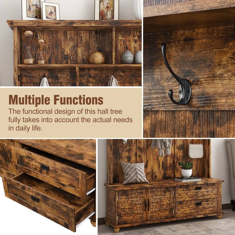 59"W Hall Tree Bench with 5 Coat Hooks,Storage Cabinet and 2 Large Drawers