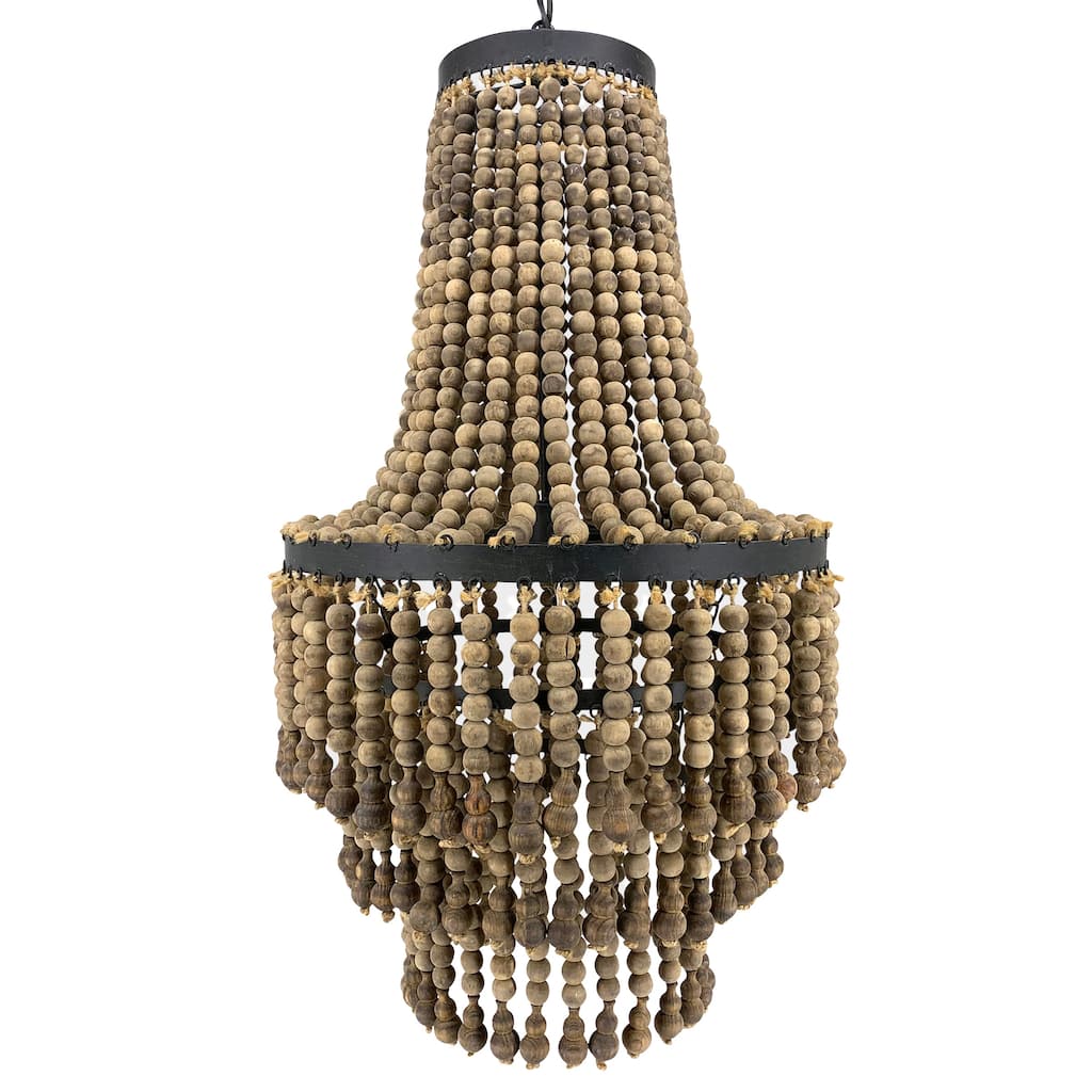 Harp & Finial Banks Chandelier - Natural Wood Beads