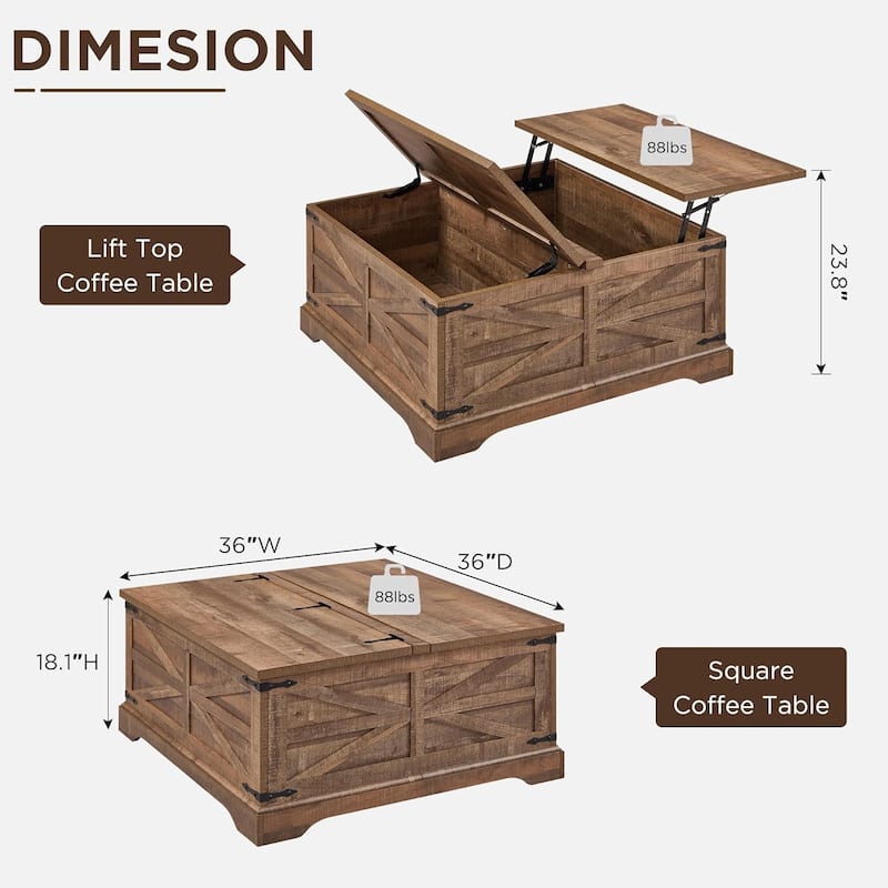 Farmhouse Lift Top Coffee Table with Storage, Wood Square Center Table