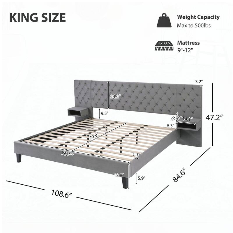 Velvet Upholstered Platform Bed with 2 Nightstands and diamond tufted