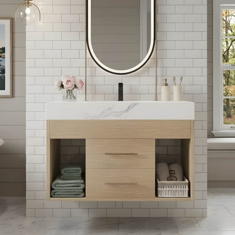 29.9-inch floating bathroom vanity with sintered stone countertop and ceramic undermount sink