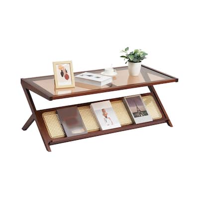47-Inch Z-Shaped Rattan Woven Coffee End Table with Removable Glass Top Suitable for Any Small Space - 47.2” x 22” x 17.1”