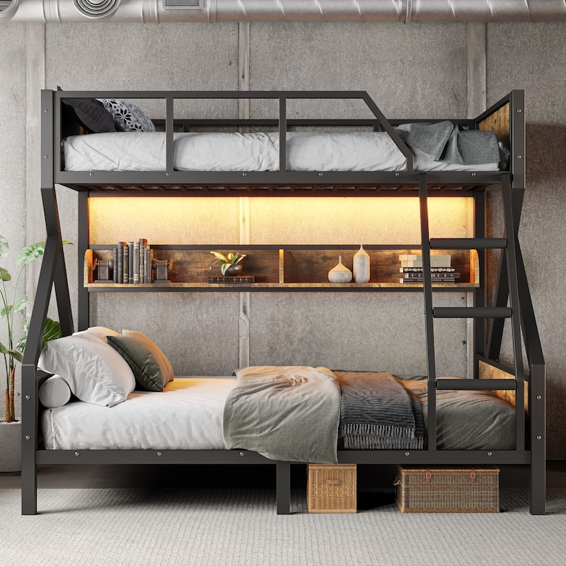 Twin XL over Queen Bunk Bed with Storage Shelves, Lights and Noise-Free Design