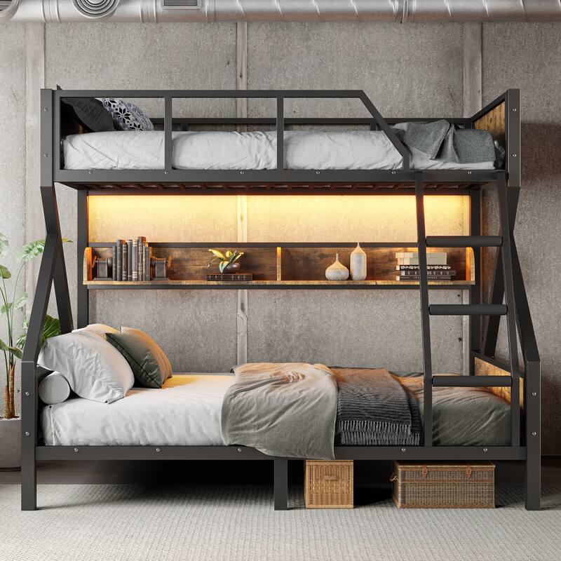 Twin over Full Bunk Bed, Metal Bunk Bed with Storage Shelves and Lights, Space-saving & Noise-free Design, Woodgrain