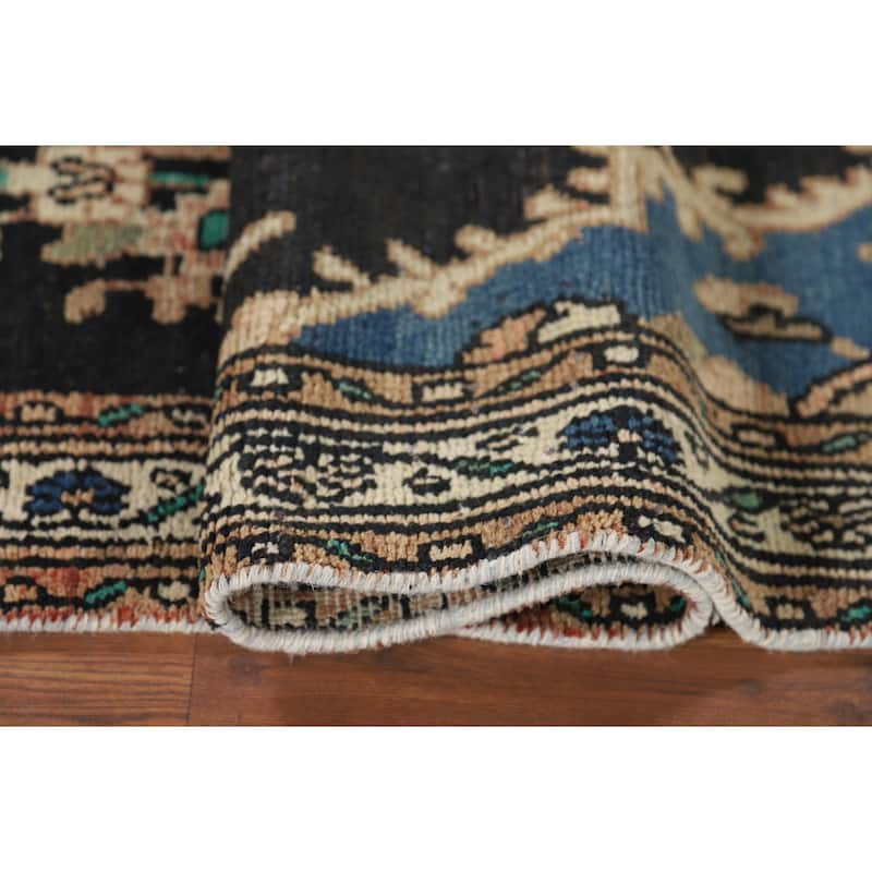 Dark Blue Hamedan Vintage Persian Runner Rug Hand-Knotted Wool Carpet - 3'7" x 10'1"