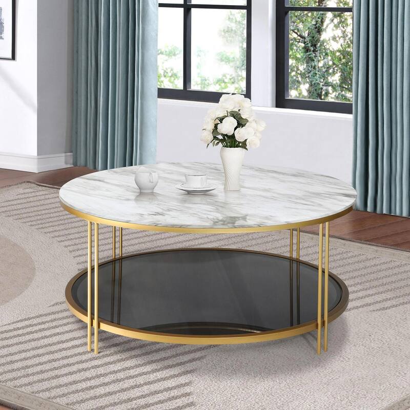 Modern Glam 36" Round Modern Cocktail Glass Coffee Table Storage Shelf with 4 Gold Cross Legs Faux Marble Veneer