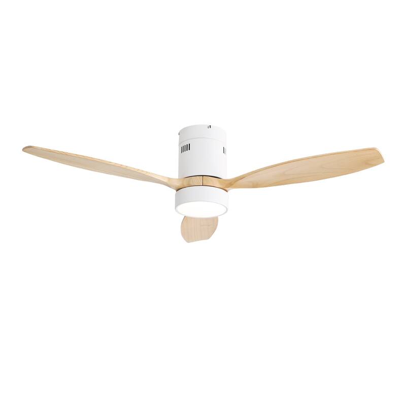 52 Inch Flush Mount Ceiling Fan DC 3 Solid Wood Fan Blade Noiseless Reversible Motor Remote Control With Light - White