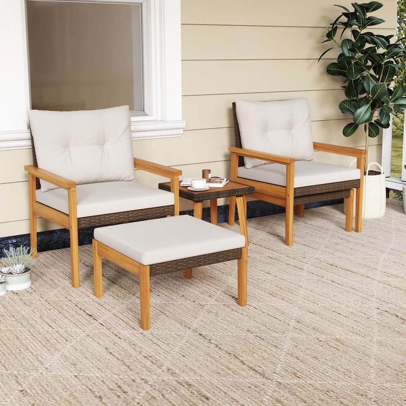 Costway 5 PCS Rattan Furniture Set Wood Frame Chairs & Ottomans with - See Details - Mix Brown+Off White - See Details