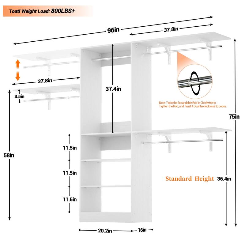 96'' W Closet Organizer With Adjustable Rods and DIY Shelves for Reah-in/ Walk-in Closet - 96'' W