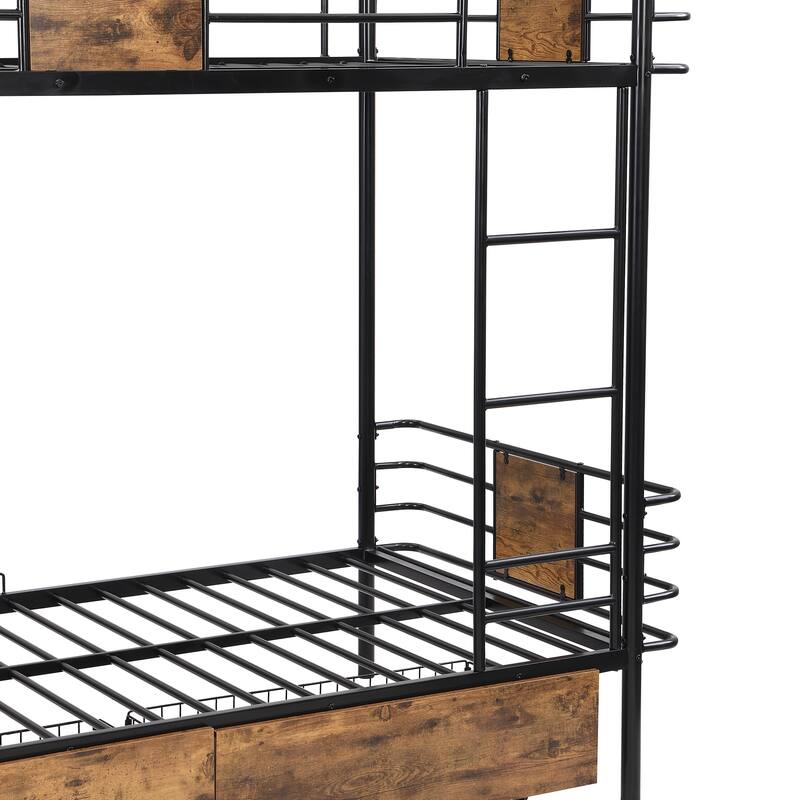 Twin XL Metal Bunk Bed with Storage Drawers and MDF Guardrail, Space-Saving Black Frame