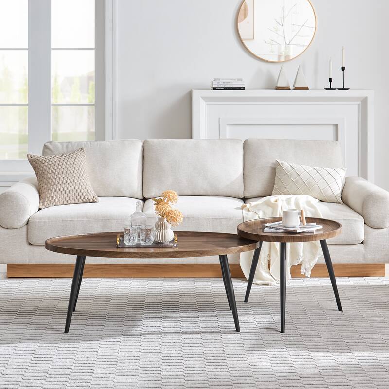 Danya B. Paxton Nesting Raised Lip Edge 2 Piece Coffee Table Set with Modern Black Metal Taper Legs - Round and Oval - Walnut