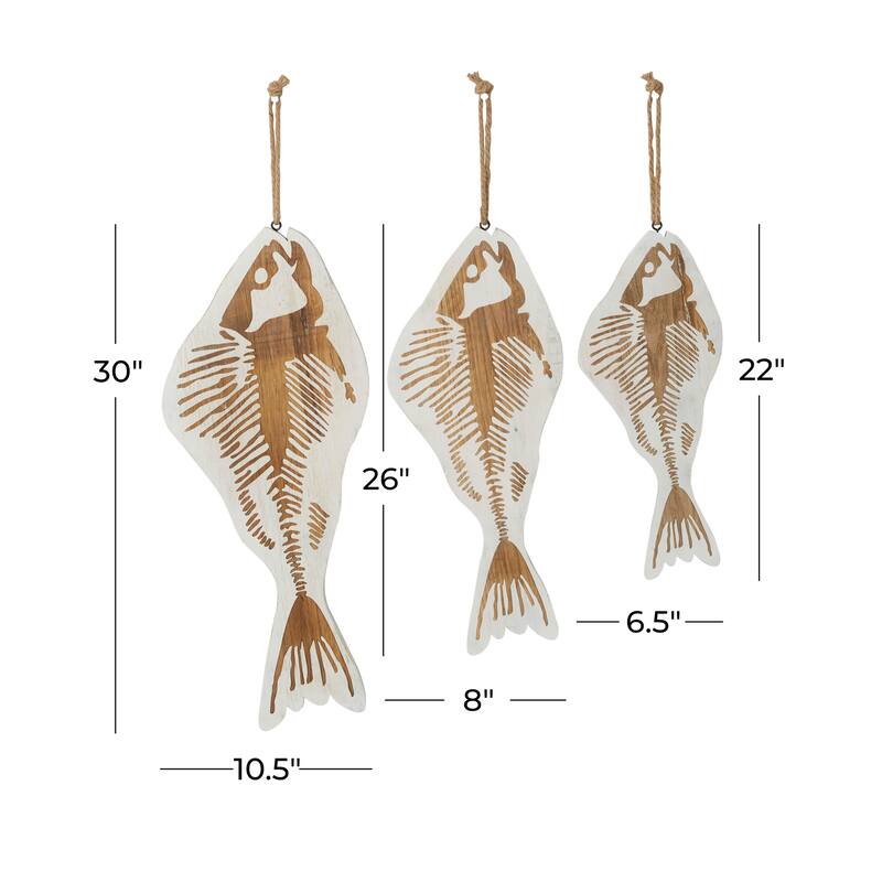 White Wood Fish Home Wall Decor with Hanging Rope (Set of 3)