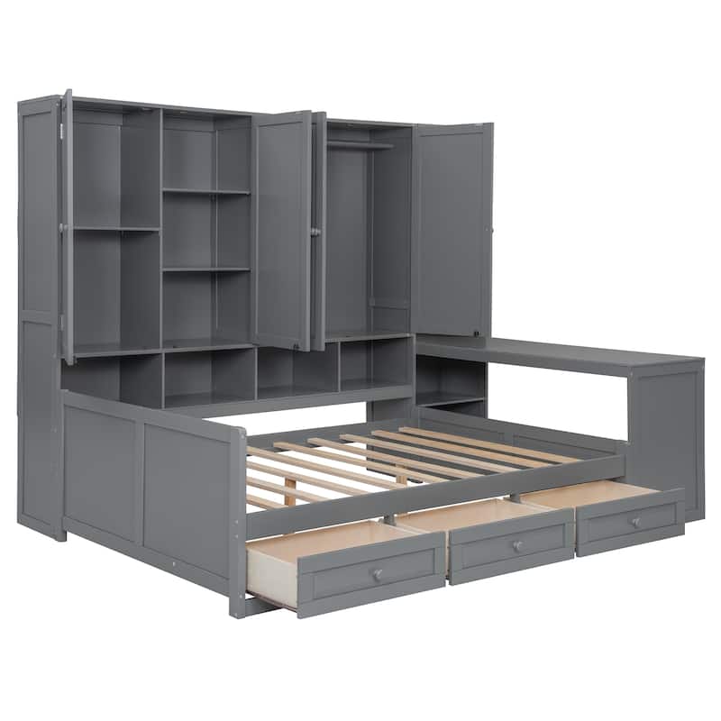 Full Size Daybed with Built-In Desk and Storage,4 Shelves, 2 Cabinets and 3 Drawers