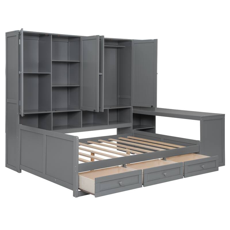 Wooden Daybed Frame All-in-One Bookcase Captains Bed with Storage Cabinet, Wardrobe, Side Writing Desk and 3 Bottom Drawers