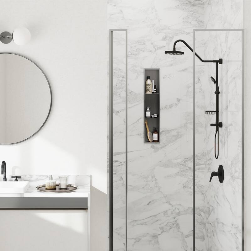 8-in x 36-in Ultra-thin Frame Recessed 3-Section Stainless Steel Shower Niche Gun Metal Black