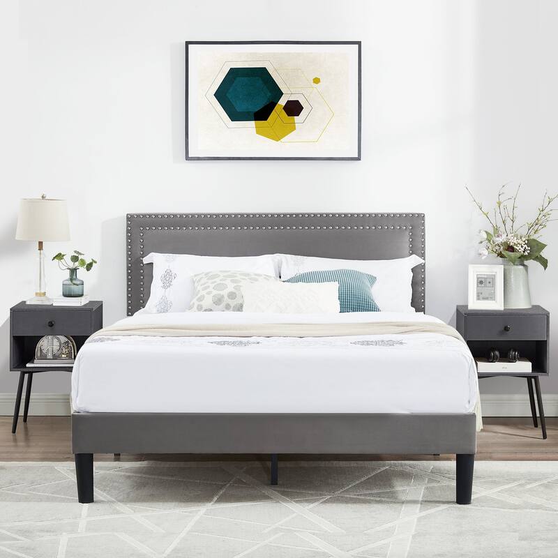 VECELO 3-Pieces Upholstered Platform Bed Frame with Adjustable Headboard and Nightstands Set of 2, Grey - Grey - Full