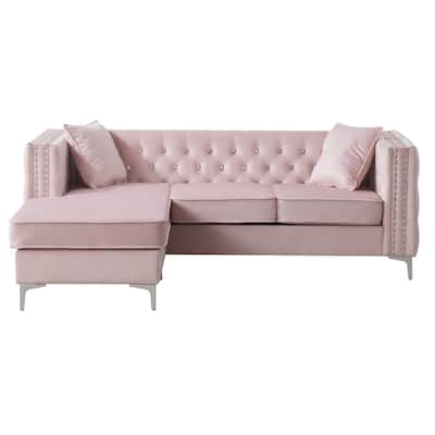 Tufted Velvet L-Shape 3-Seater Sofa with Throw Pillows - 87" - Pink