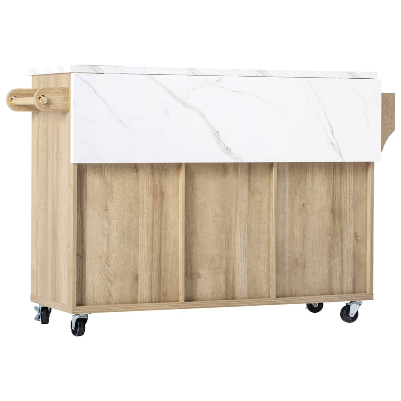 55.5" Fluted Kitchen Island with Drop Leaf and Storage Features Power Outlet and Adjustable Shelves