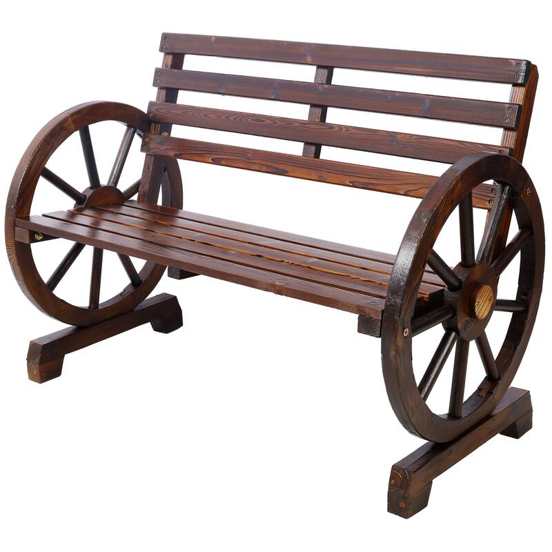 2-Person Wooden Wagon Wheel Bench For Backyard, Patio, Porch