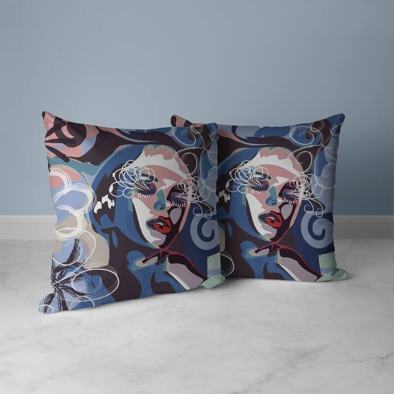 Face Pop Art Faux Suede Reversible Throw Pillow Blue and Pink