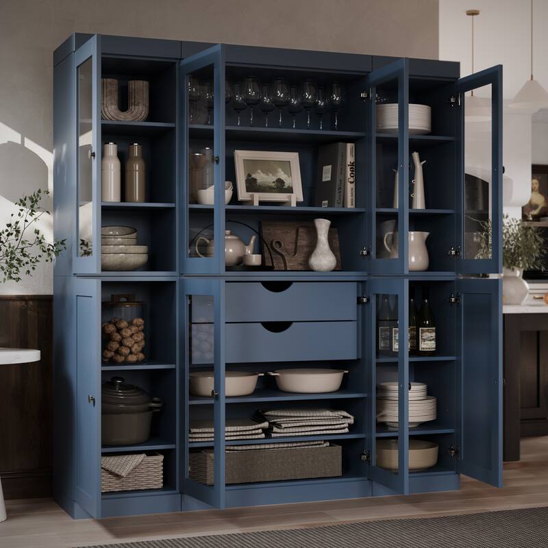 Palace Imports 100% Solid Wood 65" Pantry Cabinet with Clear Glass, Shaker Doors, 2-Drawers and Adjustable Shelves