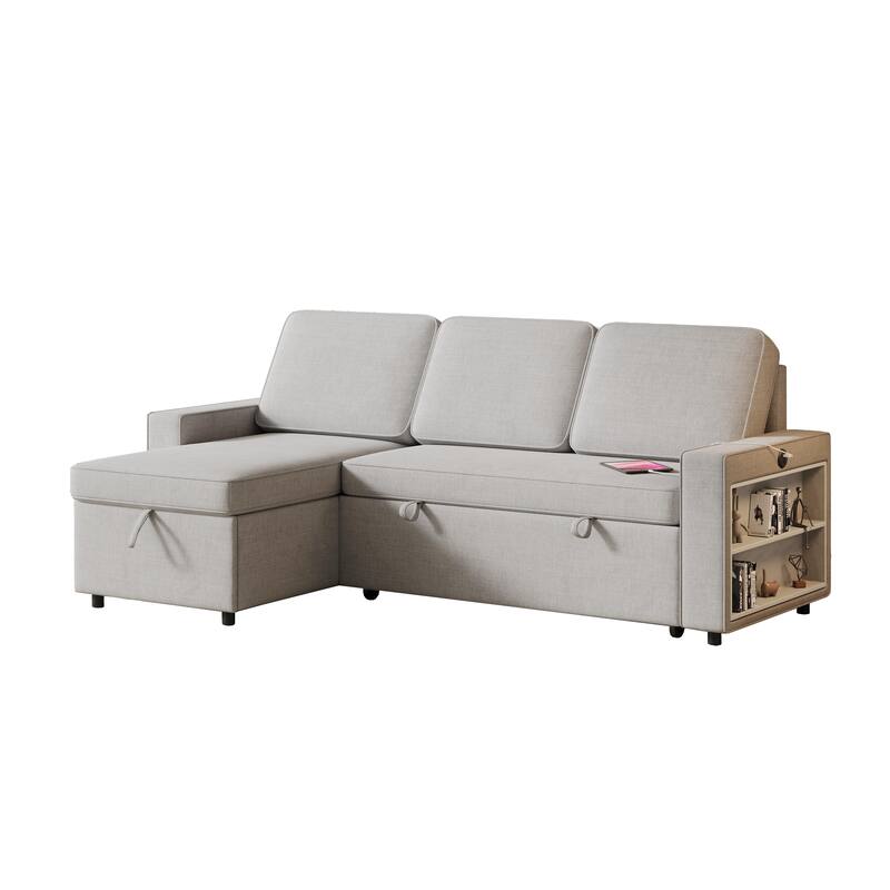 Grey 85.8'' L-Shaped Fabric 3-Seater Sleeper Sofa with Pull-Out Bed, Storage Chaise, USB Port, and Storage Racks