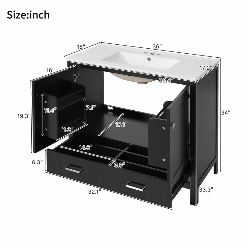 36"/30" Bathroom Vanity with Ceramic Sink, Soft-Close Doors, Double Storage Shelves & Divided Drawer