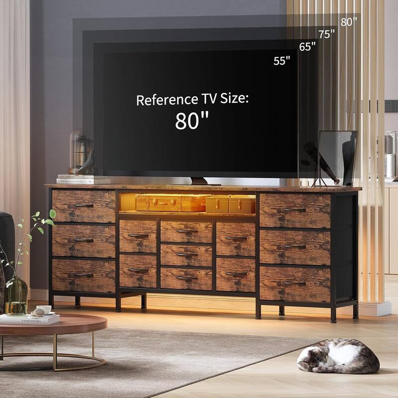 70 Inch Long Dresser TV Stand with 13 Chest of Fabric Drawers, Power Outlets and LED Lights
