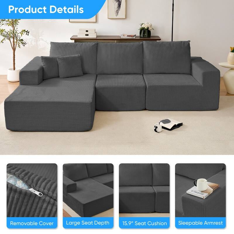 Mixoy W108"Corduroy Fabric Sectional Couch,3-Pieces Free-Combined Cloud Modular Modern L-Shaped Sofa with Chaise Lounge