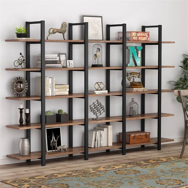 Brown Vintage Industrial 5-Tier Etagere Bookcase, White/ Gold