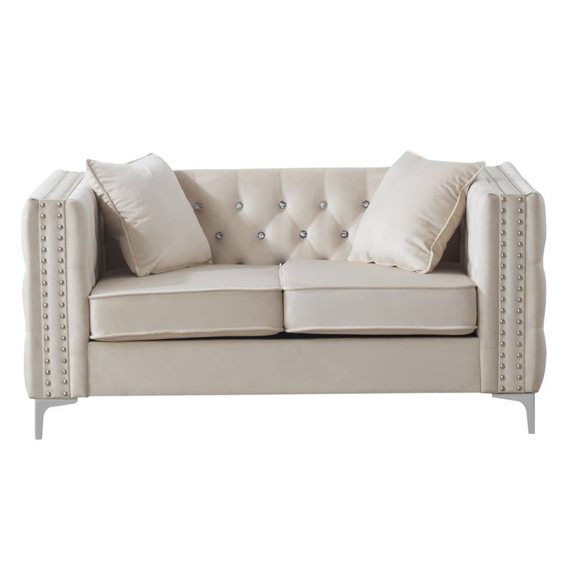 Tufted Diamond Button Velvet Loveseat with Throw Pillows - 63" - White