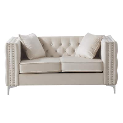 Tufted Diamond Button Velvet Loveseat with Throw Pillows - 63" - White