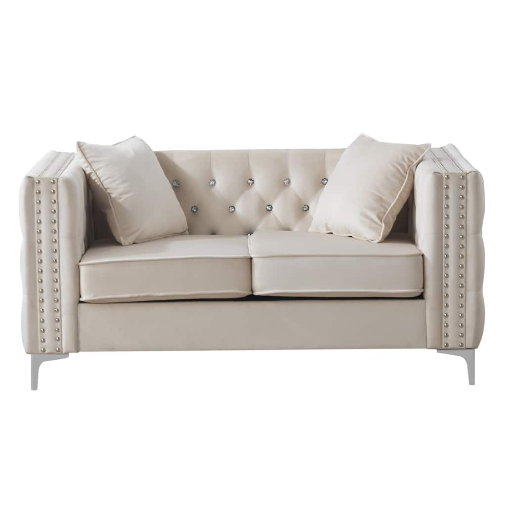 Tufted Diamond Button Velvet Loveseat with Throw Pillows - 63" - White