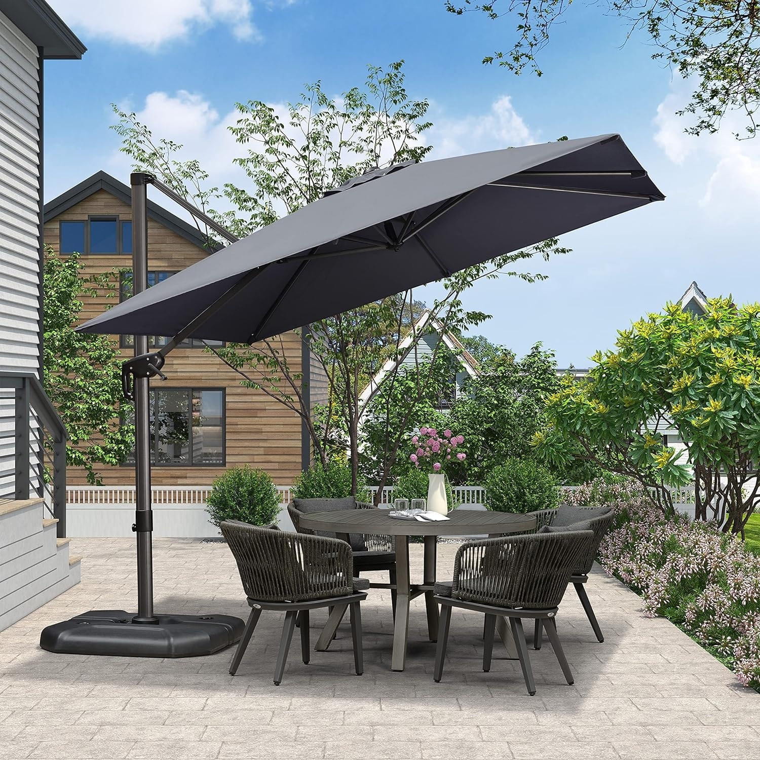 garden reflections 9' round patio umbrella with cover 32 Solar Powered LED Lights, Push-Button Tilt and Hand Crank Lift, Solar Umbrella in Navy for Porch, Deck, and Patio by Sun-Ray : Patio, Lawn Tilt Round Outdoor Patio Umbrella Garden Reflections 9ft Umbrella with