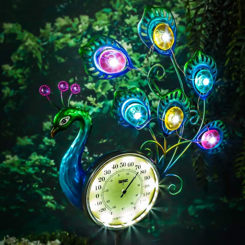 36"H Solar Peacock Thermometer Stake