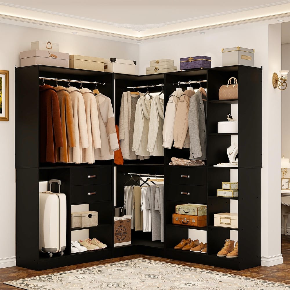51''-110'' Freestanding Closet Organizer with Hanging Rods, Set of 3 Corner Closet System with Drawers