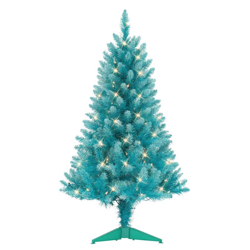 Pre-lit Medium Teal Blue Artificial Pine Christmas Tree - 4' - Clear Lights - 4 Foot