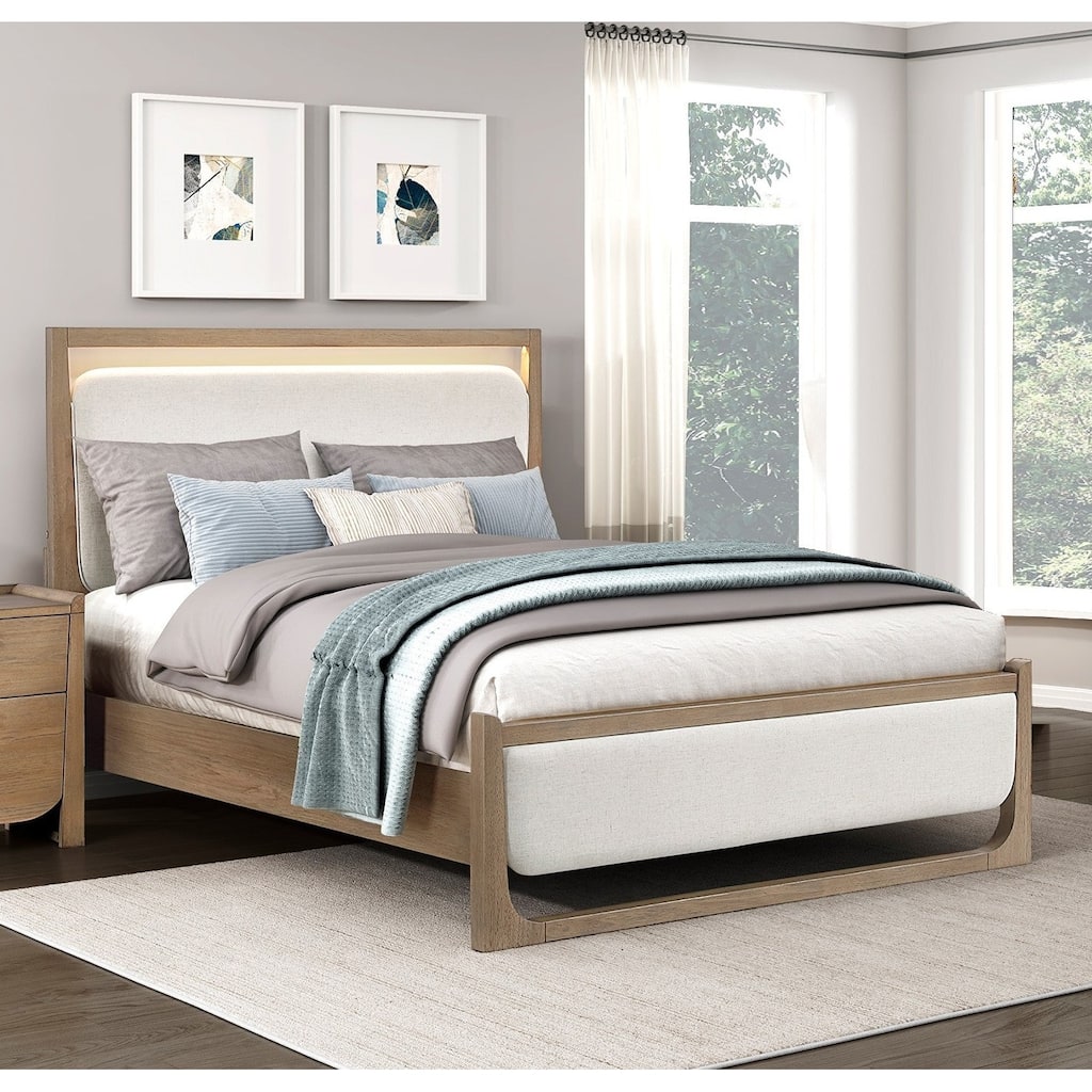 Light Brown Finish Contemporary Design Bed with LED Upholstered Headboard Footboard
