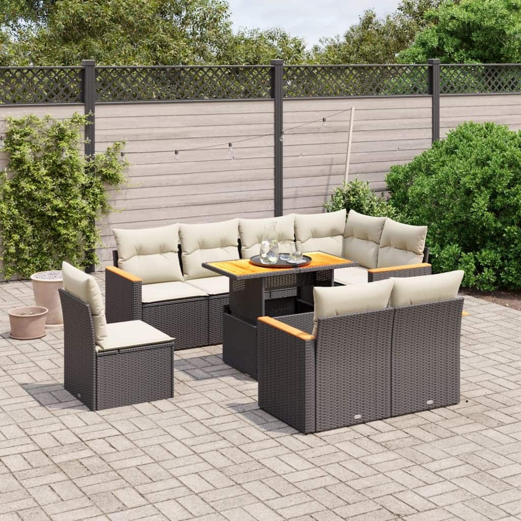 vidaXL Patio Sofa Set with Cushions Sofa Modules 9 Piece Poly Rattan Acacia - 21.7 x 39.4 x 28.7 in