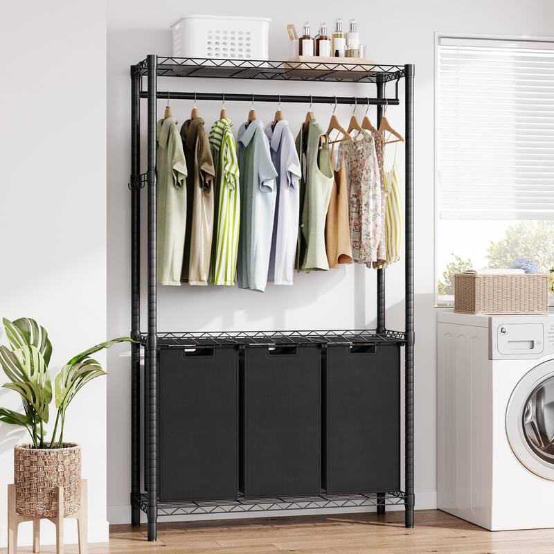 Laundry Hamper Sorter with Garment Rack Hanging Rod and Adjustable Shelf - 3 Sorter