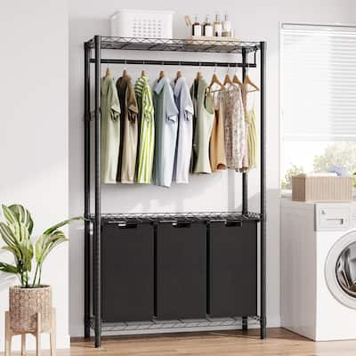 Laundry Hamper Sorter with Garment Rack Hanging Rod and Adjustable Shelf