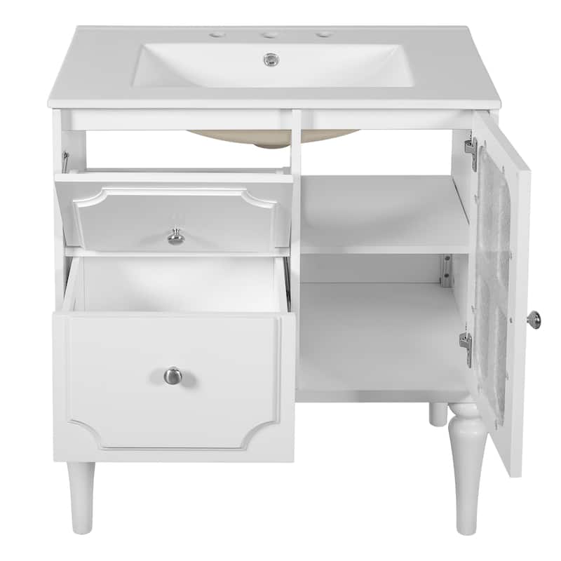Retro Style 30'' Bathroom Vanity with Ceramic Sink Combo, Freestanding Single Vanity with 2 Drawers,Solid Wood Frame Cabinet