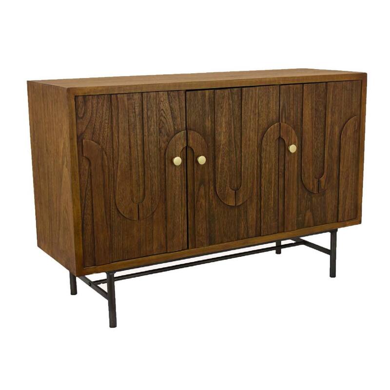 Storage Cabinet Console, 3 Doors, U Shaped Carved 47 Inch Brown Wood