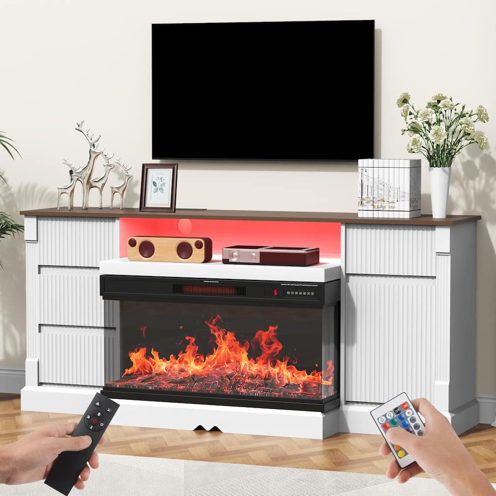 GDFStudio Alaric 3-Sided Wood TV Stand with Electric Fireplace with LED Lights and Storage