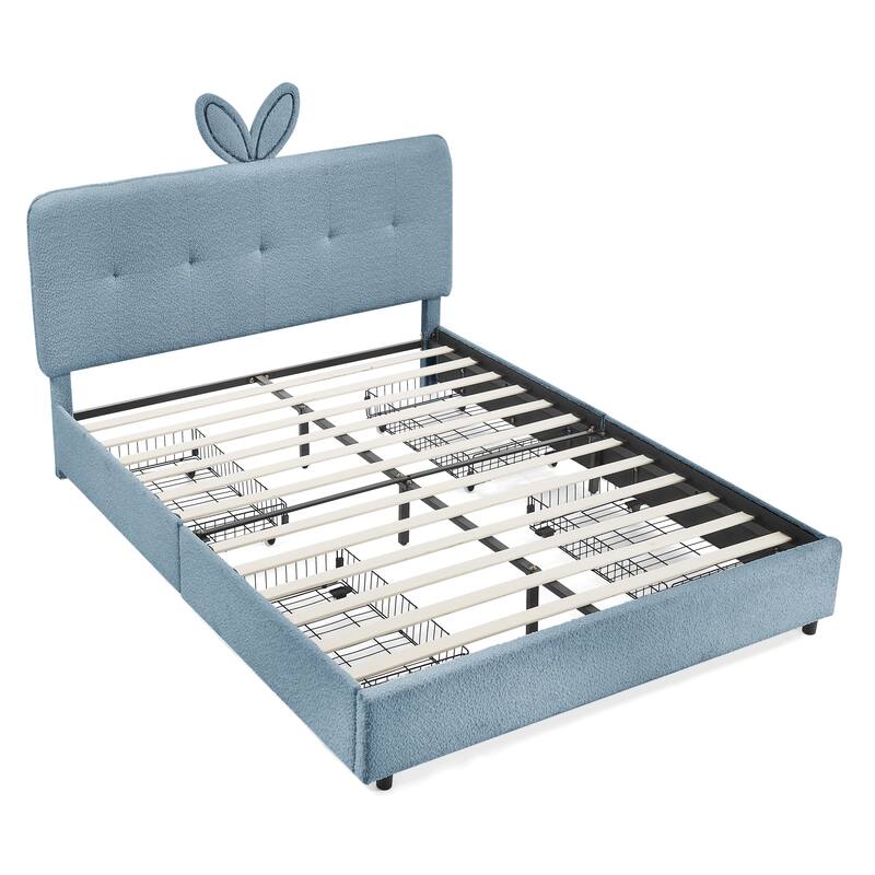 Queen Size Boucle Upholstered Bed with Rabbit Ear Headboard, LED Music Sync & 4 Drawers